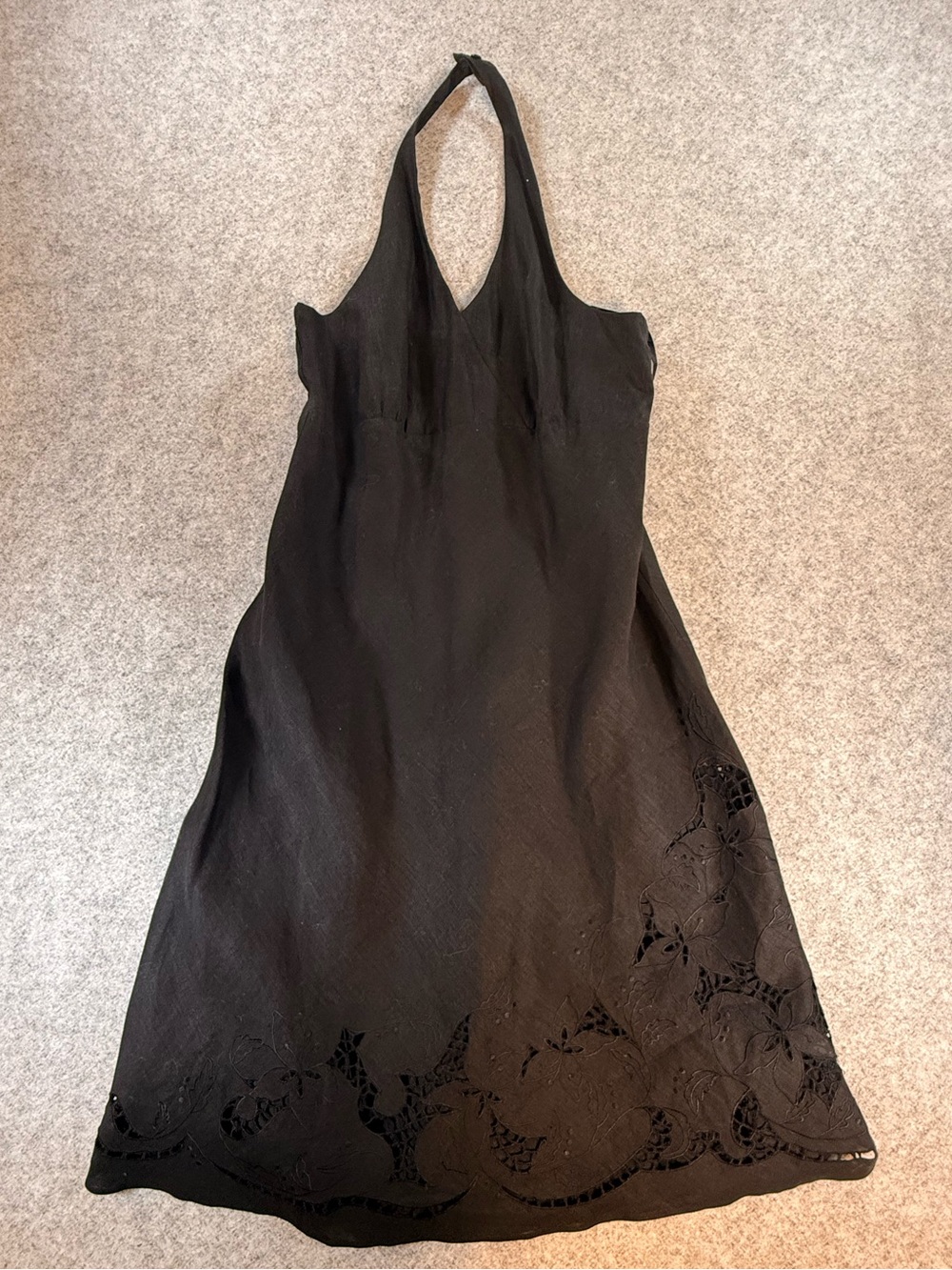 Ann Taylor Black Linen Halter Midi Dress Floral Embroidered Size 8